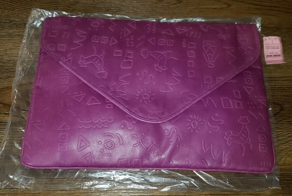 Vtg 80s Barganza Large Leather Clutch Embossed purple Portfolio Purse NWT retro